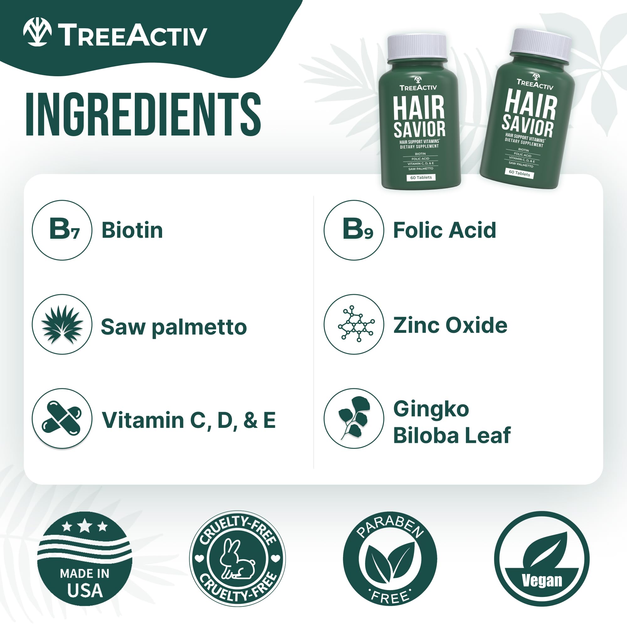 TreeActiv Hair Savior label shows vegan and gluten-free qualities