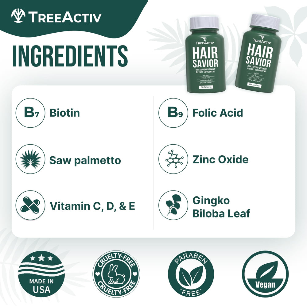 TreeActiv Hair Savior label shows vegan and gluten-free qualities