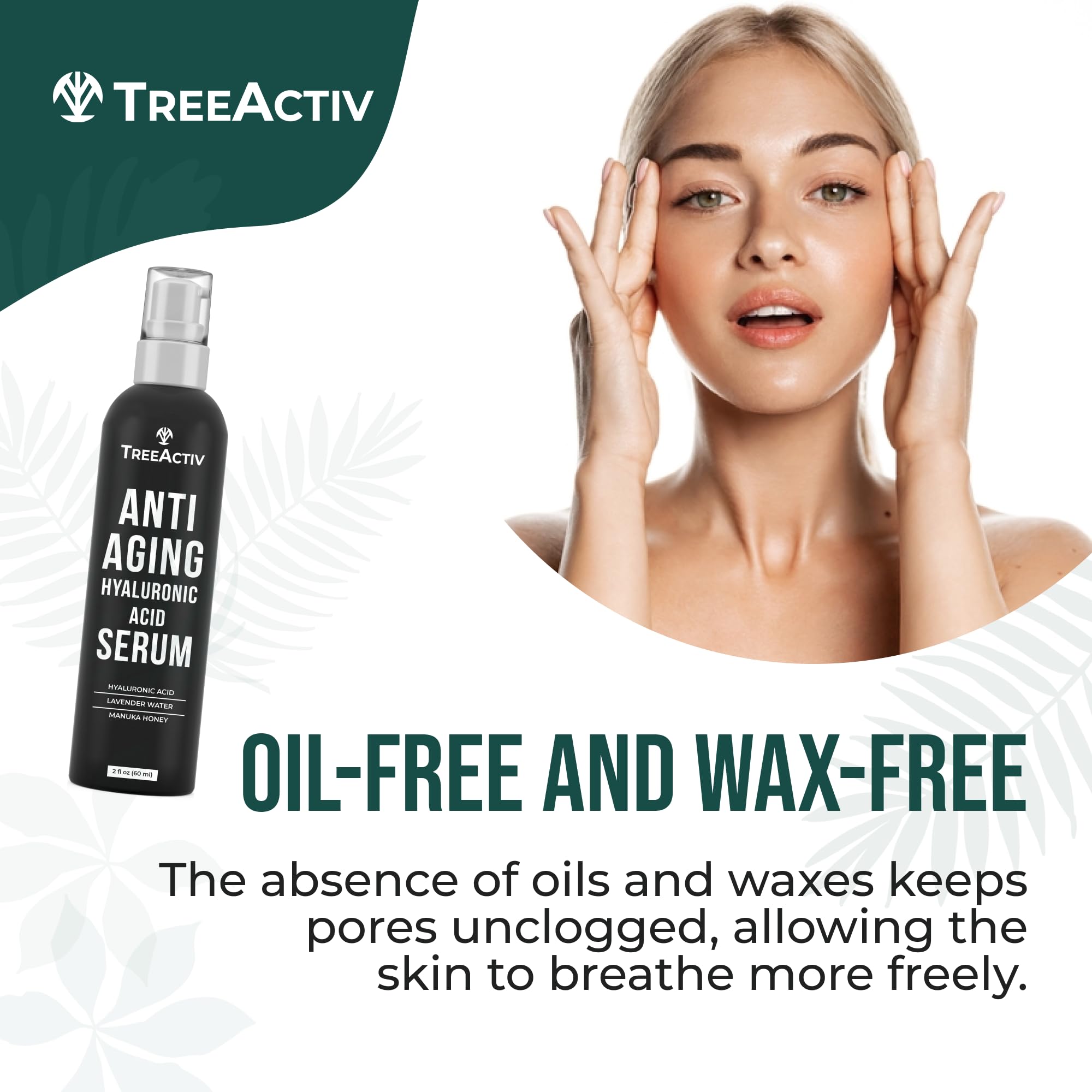 TreeActiv Hyaluronic Serum application on face demonstrating quick absorption.