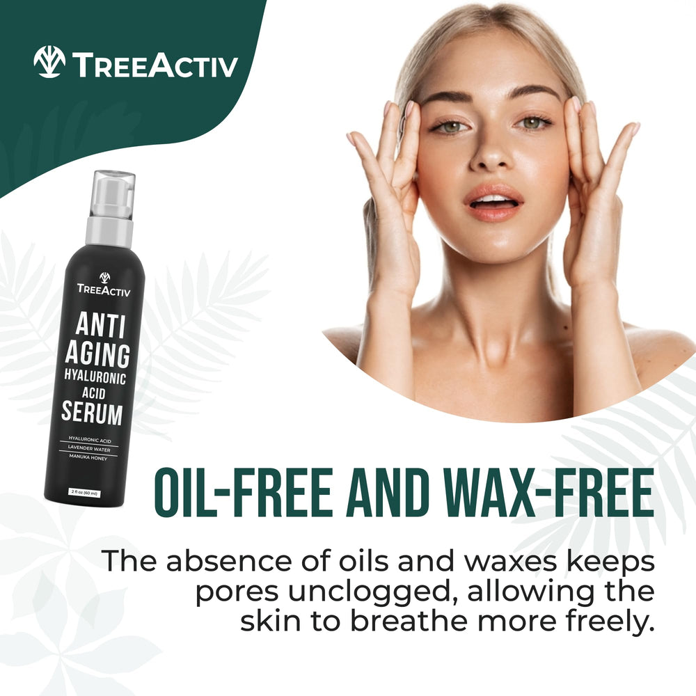 TreeActiv Hyaluronic Serum application on face demonstrating quick absorption.