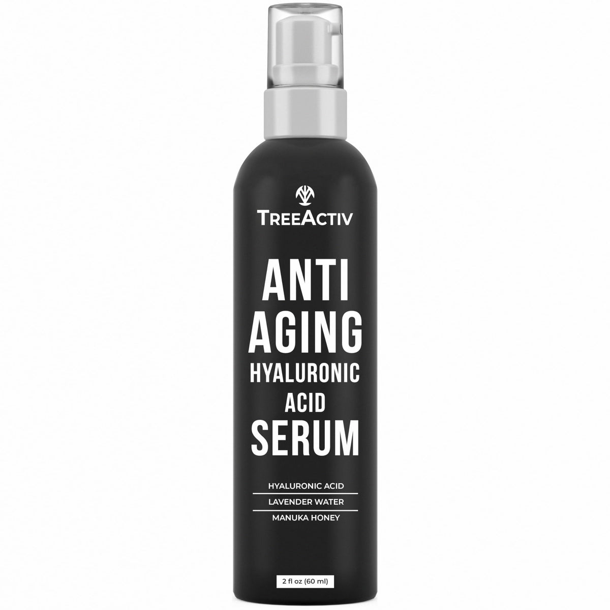 TreeActiv Hyaluronic Serum bottle close-up showing hydrating, plumping potential.