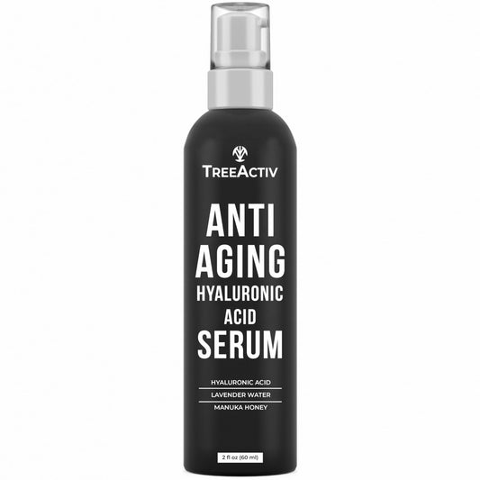 TreeActiv Hyaluronic Serum bottle close-up showing hydrating, plumping potential.