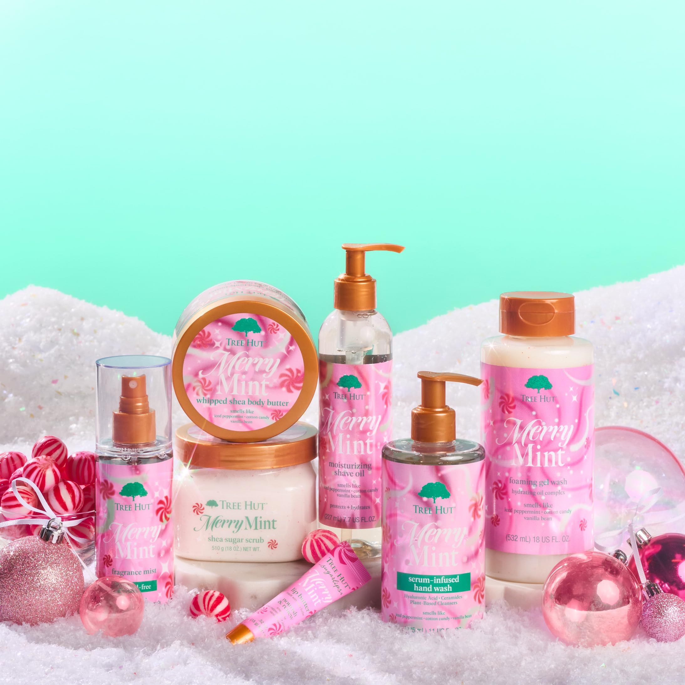 Tree Hut Merry Mint bottle on vanity suggests layering with other scents