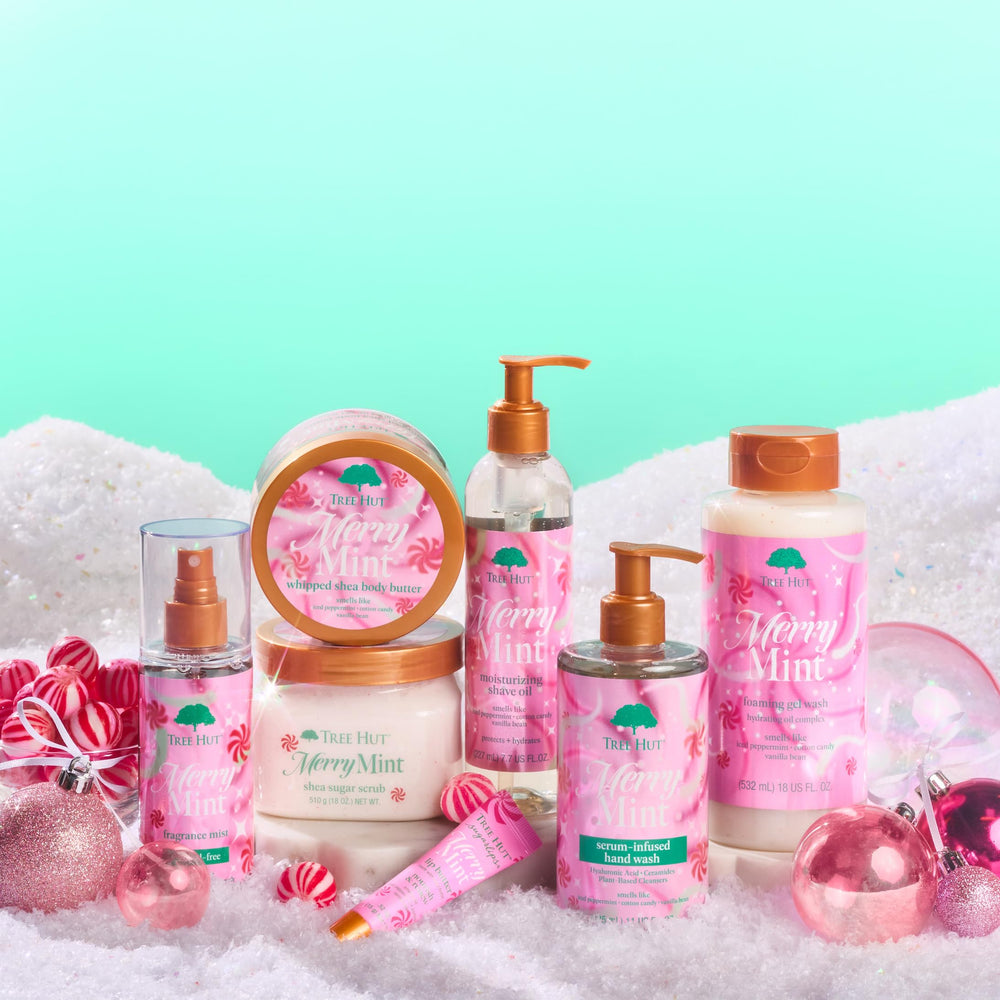 Tree Hut Merry Mint bottle on vanity suggests layering with other scents