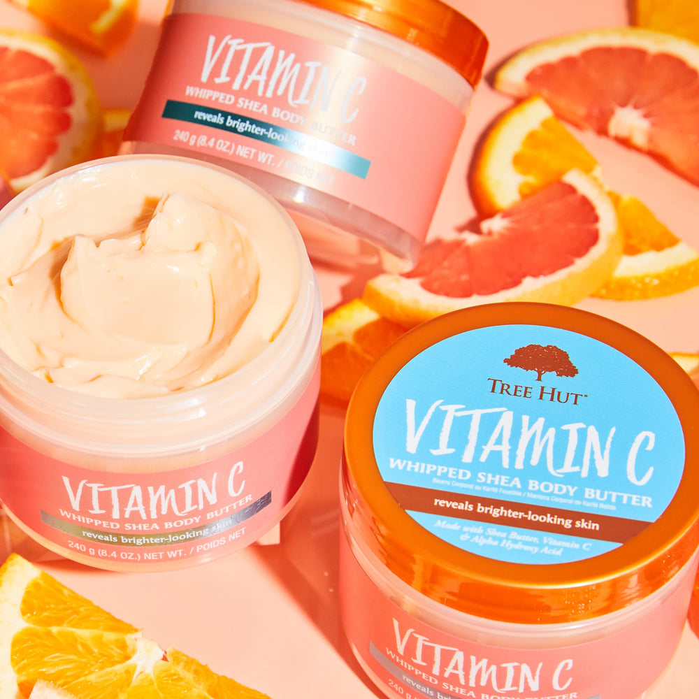 Tree Hut Vitamin C whipped shea butter cream in jar ready for pampering hydration.