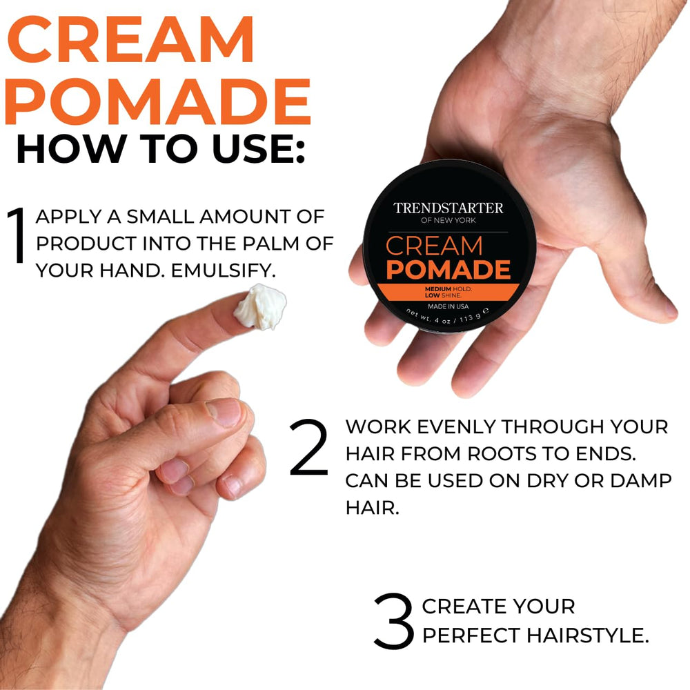 TRENDSTARTER Cream Pomade packaging box highlighting USA-made quality and premium ingredients.