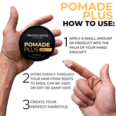 TRENDSTARTER Pomade Plus bottle with argan oil detail emphasizes premium conditioning for all hair types.