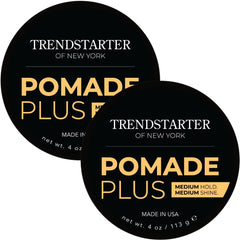 TRENDSTARTER Pomade Plus jar front view shows medium hold and shine for defined styles.