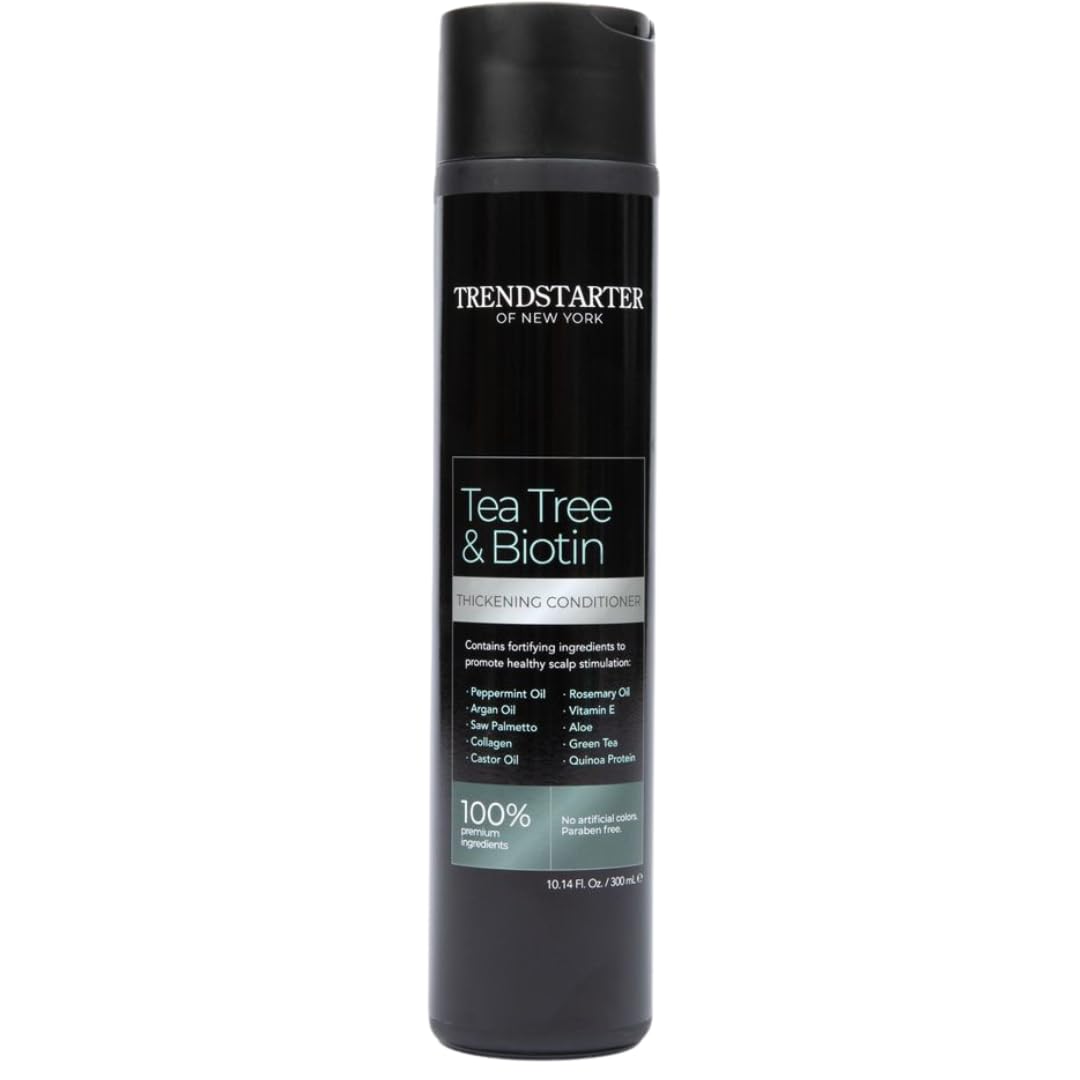 TRENDSTARTER Tea Tree Biotin Thickening Conditioner bottle boosts volume and nourishes.