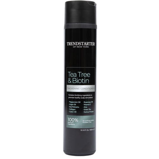 TRENDSTARTER Tea Tree Biotin Thickening Conditioner bottle boosts volume and nourishes.
