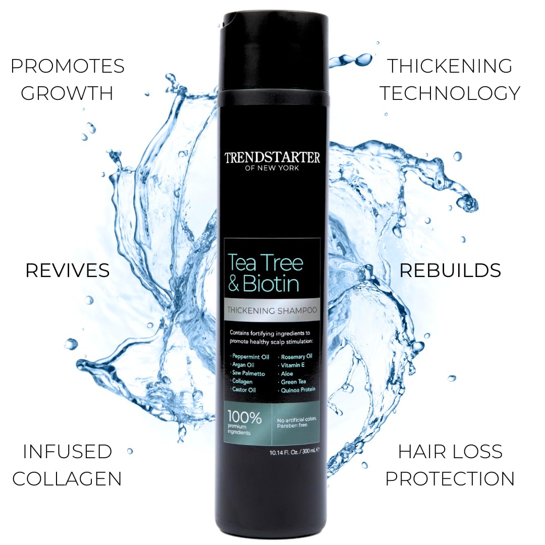 TRENDSTARTER Tea Tree & Biotin Thickening Shampoo close-up showing creamy lather.