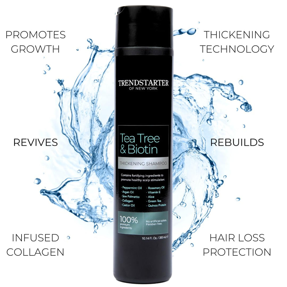 TRENDSTARTER Tea Tree & Biotin Thickening Shampoo close-up showing creamy lather.