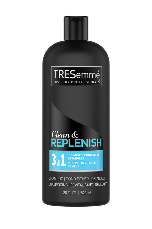 TRESemmé Clean & Replenish 3-in-1 bottle for convenient all-in-one hair care and detangling.
