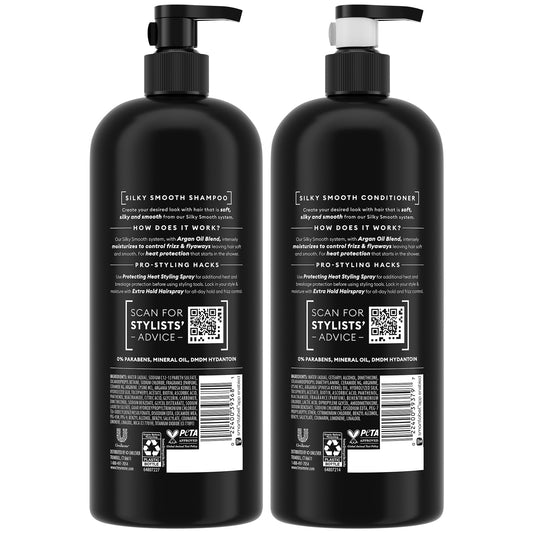 TRESemmé conditioner bottle close-up promotes smooth, manageable hair.