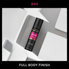 TRESemmé Total Volume hairspray demonstrates anti-frizz control and smooth finish
