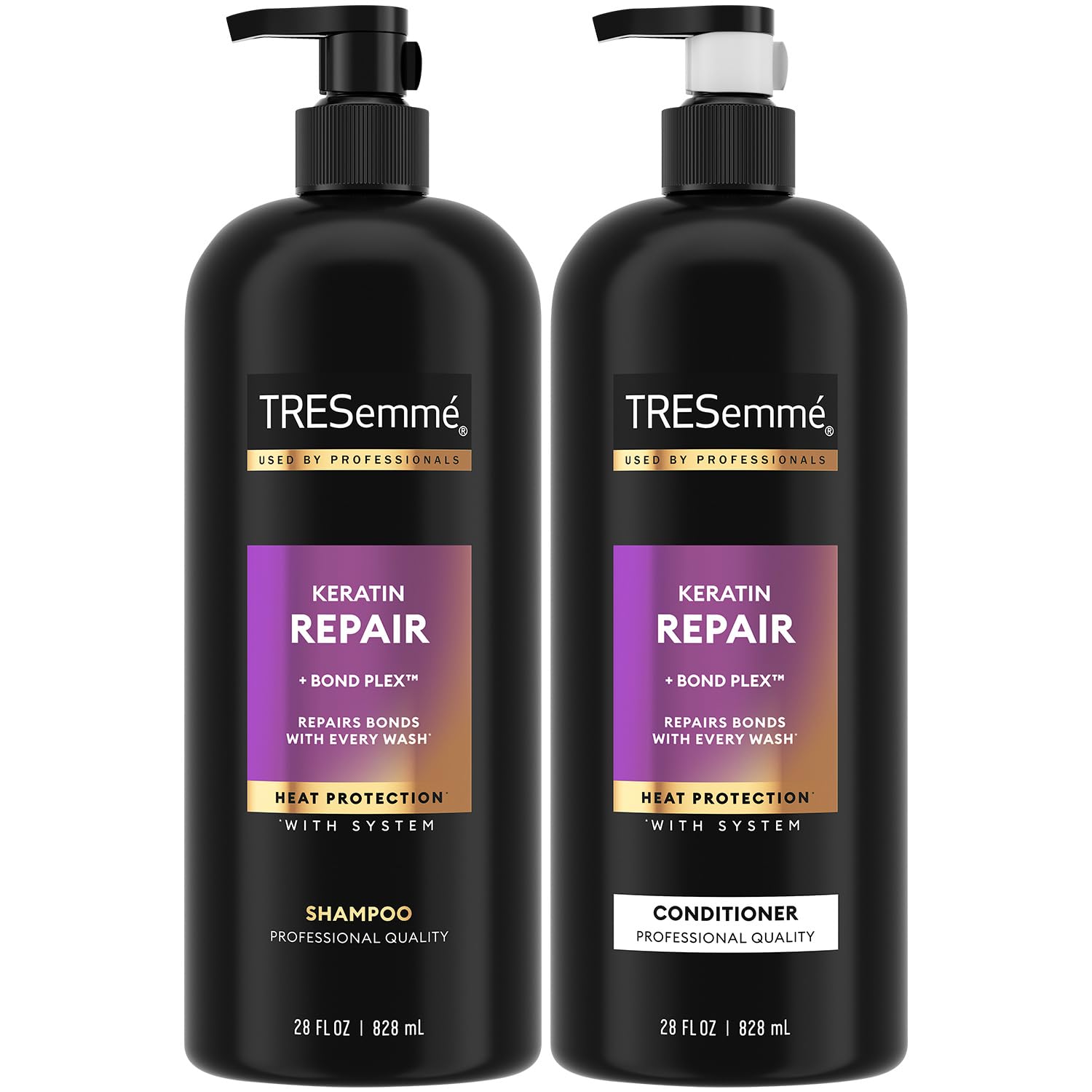 TRESemmé Keratin Repair Shampoo bottle delivering smoothing wash for frizz-prone hair.