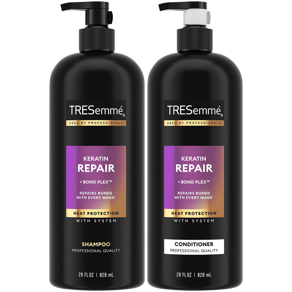 TRESemmé Keratin Repair Shampoo bottle delivering smoothing wash for frizz-prone hair.