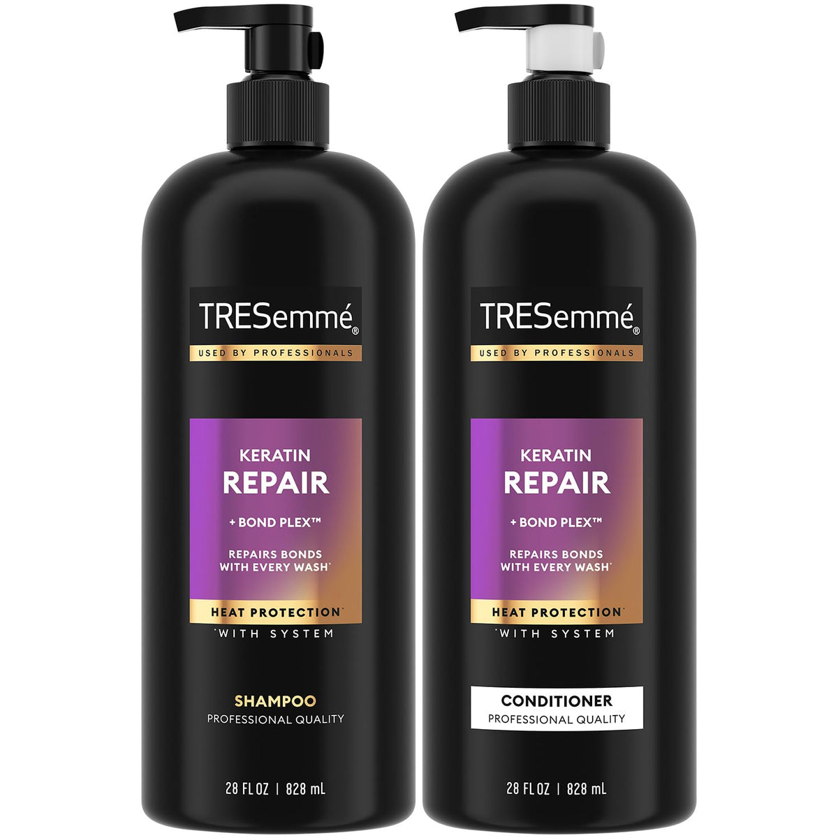 TRESemmé Keratin Repair Shampoo bottle delivering smoothing wash for frizz-prone hair.