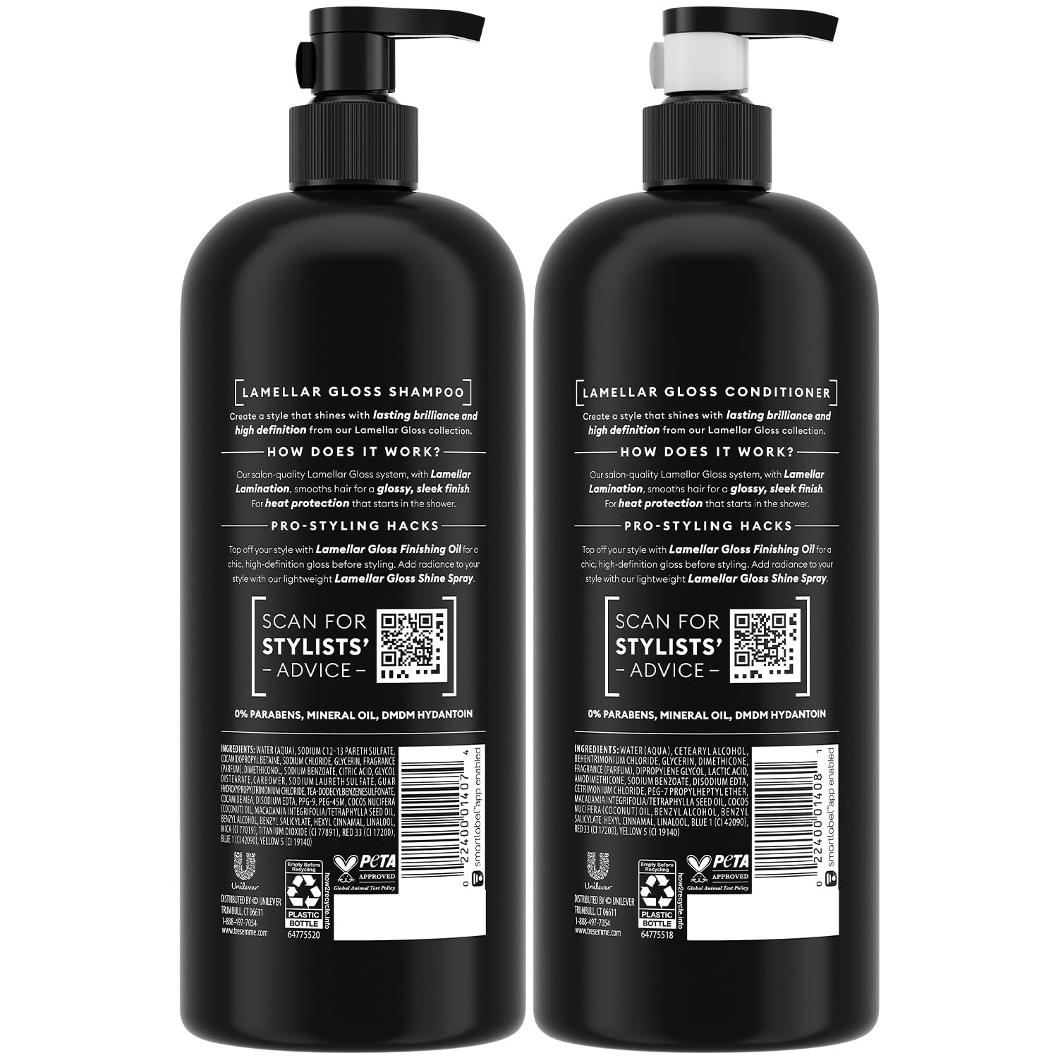 TRESemmé Lamellar Gloss conditioner bottle pouring for detangling and shine.
