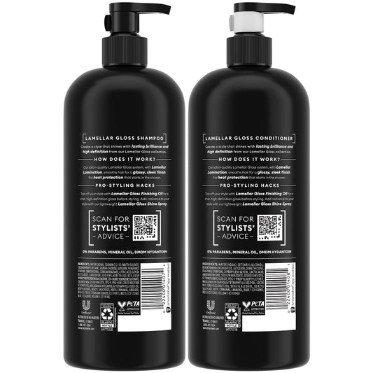 TRESemmé Lamellar Gloss conditioner bottle pouring for detangling and shine.