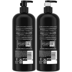 TRESemmé Lamellar Gloss conditioner bottle pouring for detangling and shine.