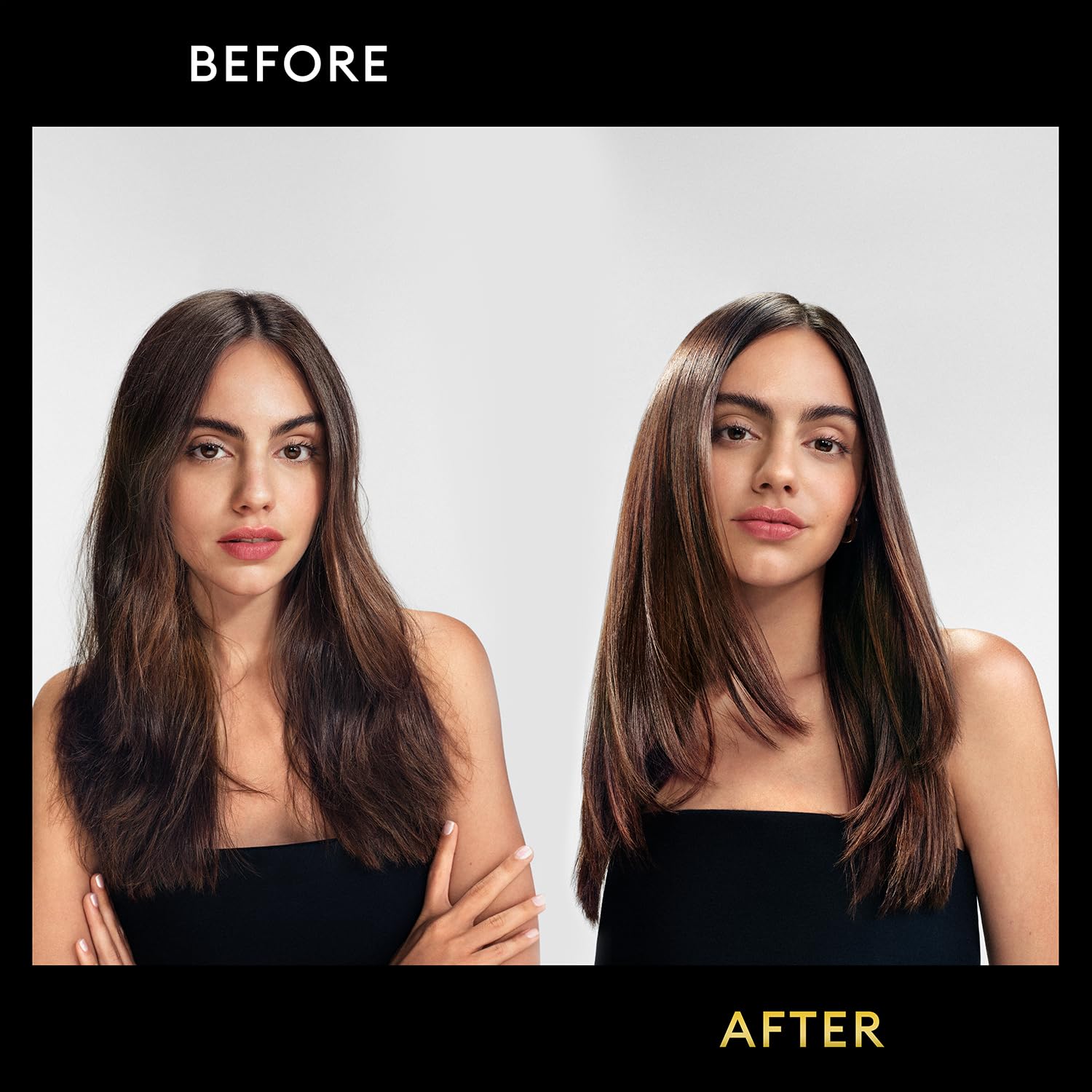 Styled hair with TRESemmé Lamellar Gloss for a sleek, glossy look.