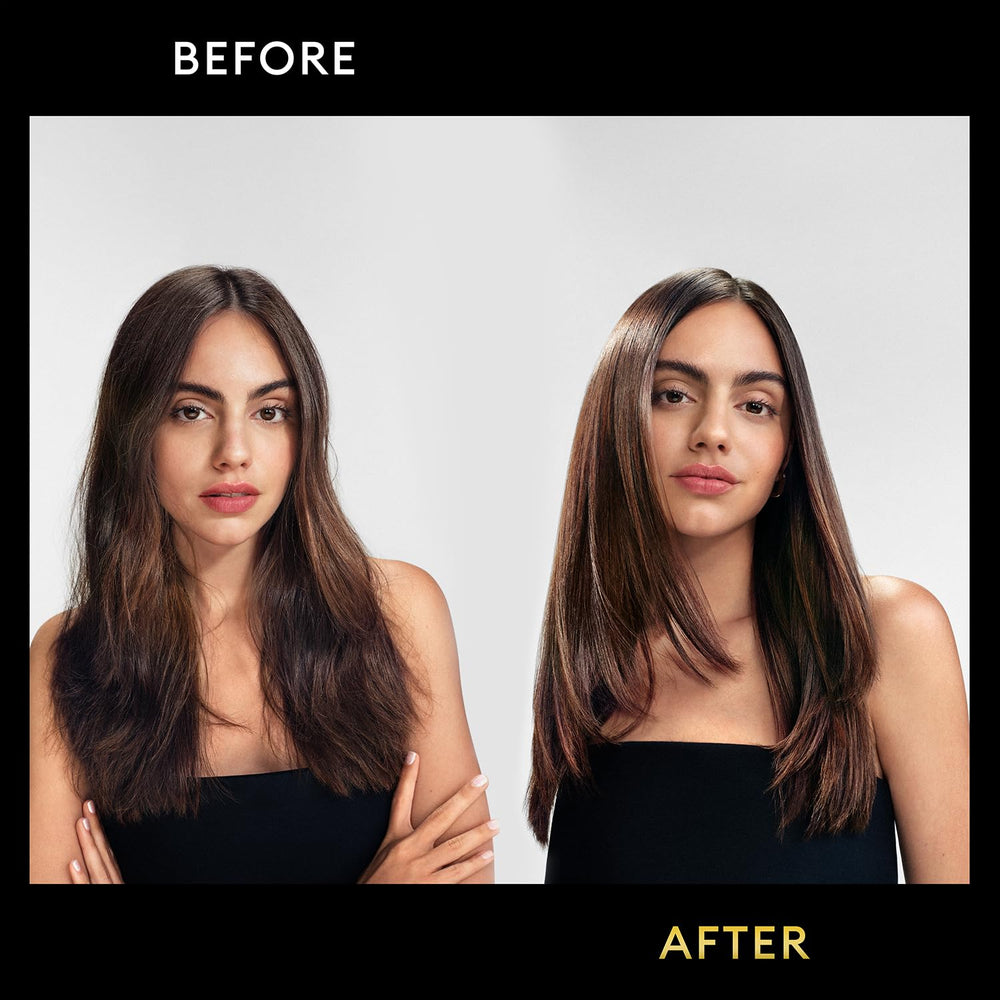 Styled hair with TRESemmé Lamellar Gloss for a sleek, glossy look.