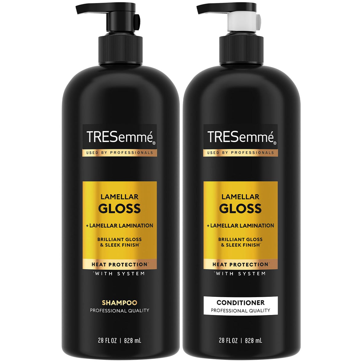 TRESemmé Lamellar Gloss shampoo bottle pouring for ultra-smooth, glossy hair.