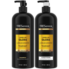 TRESemmé Lamellar Gloss shampoo bottle pouring for ultra-smooth, glossy hair.