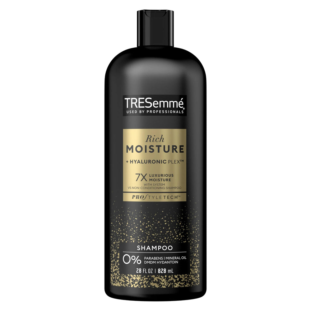 Tresemme Moisture Rich Shampoo bottle closeup for daily hydration and shine.