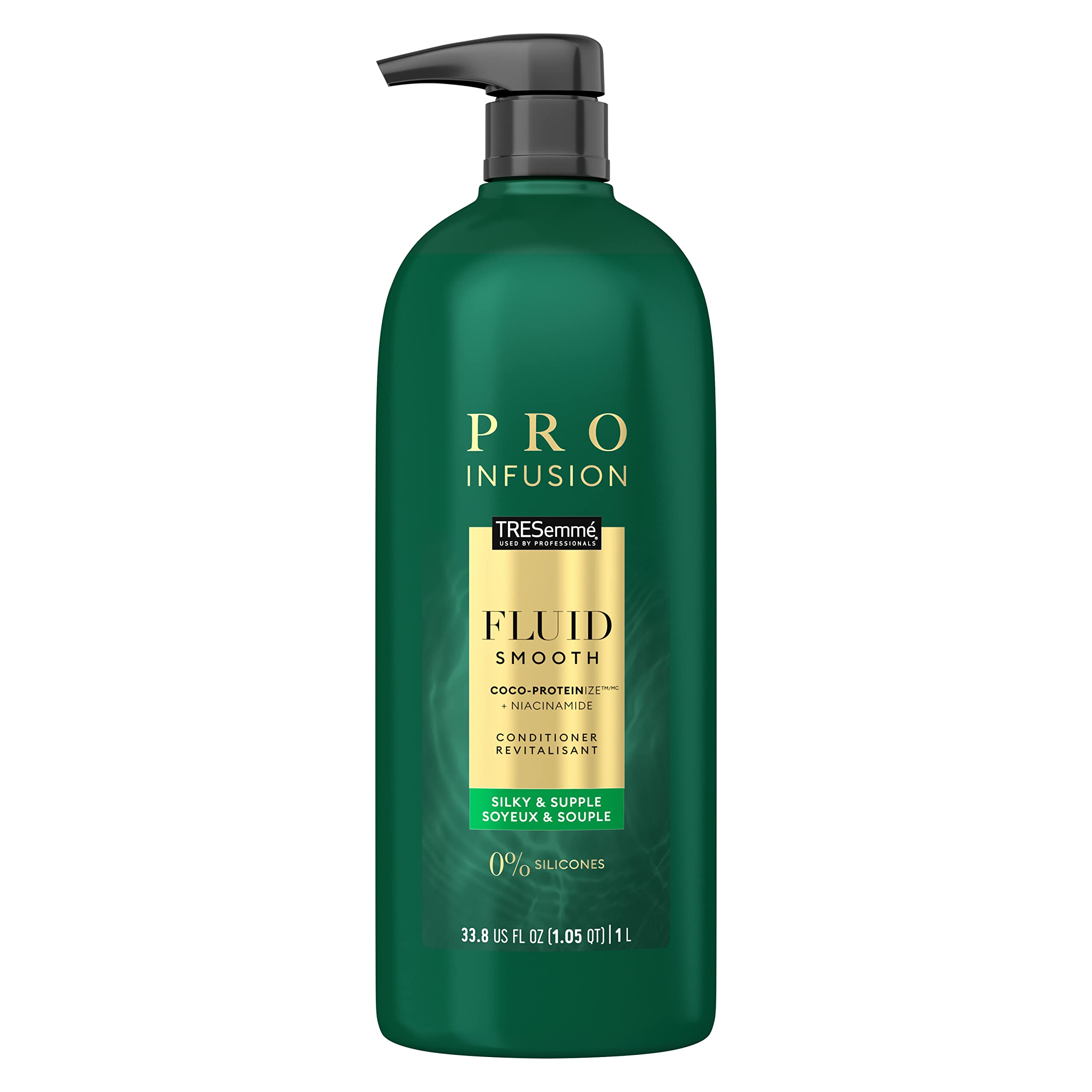 TRESemmé Pro Infusion Smooth bottle pours for silky, manageable hair.