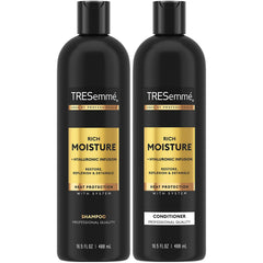TRESemmé Rich Moisture shampoo bottle pour boosts hydration for dry, frizzy hair.