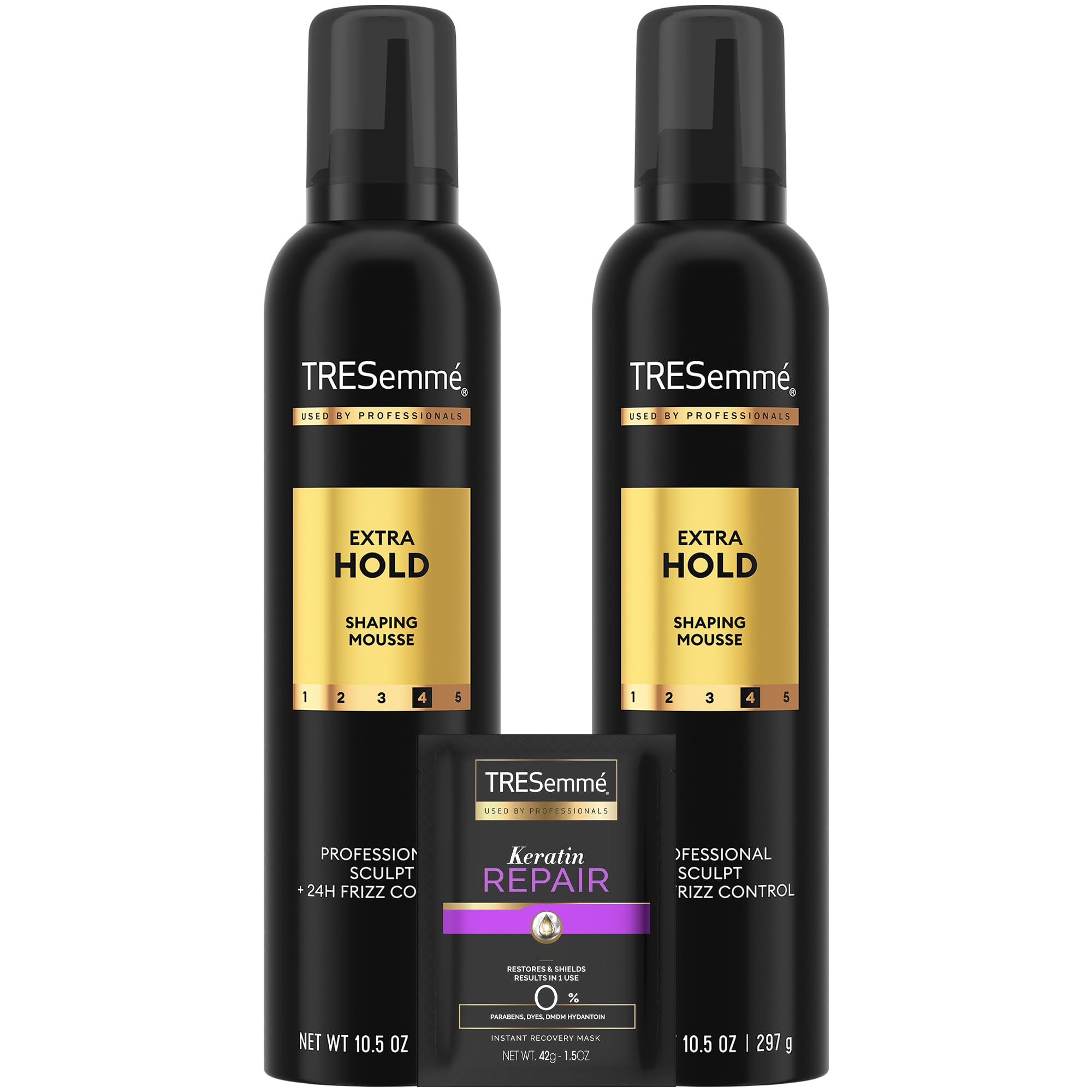 TRESemmé Shaping Mousse bottle front with extra hold and 24-hour frizz control.
