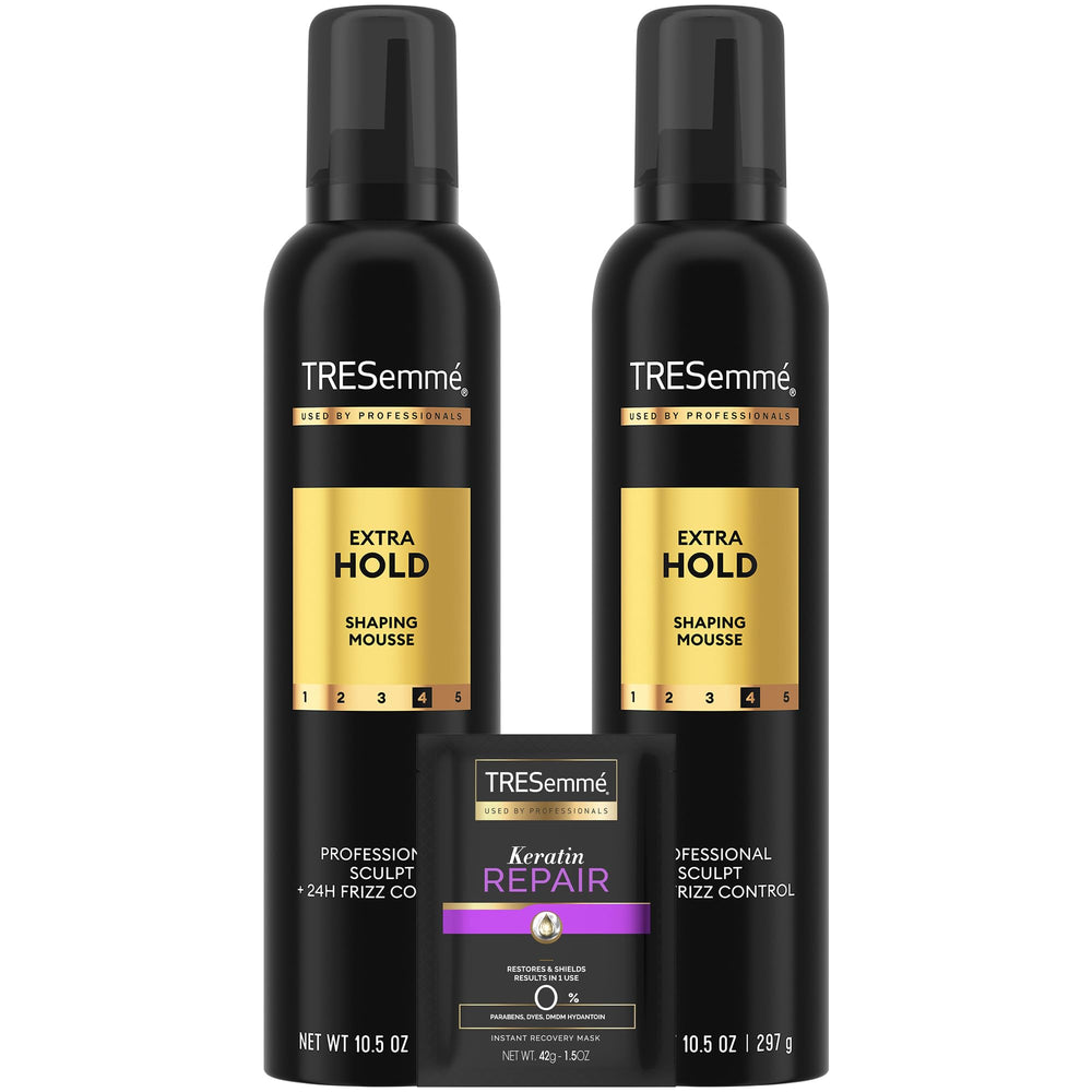 TRESemmé Shaping Mousse bottle front with extra hold and 24-hour frizz control.