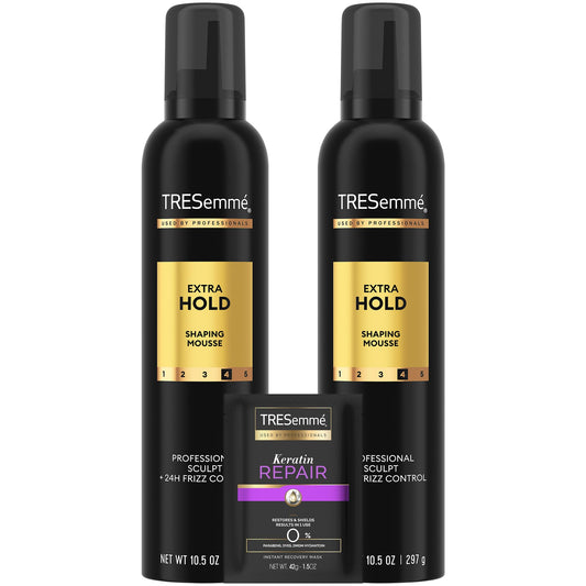 TRESemmé Shaping Mousse bottle front with extra hold and 24-hour frizz control.