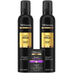 TRESemmé Shaping Mousse bottle front with extra hold and 24-hour frizz control.