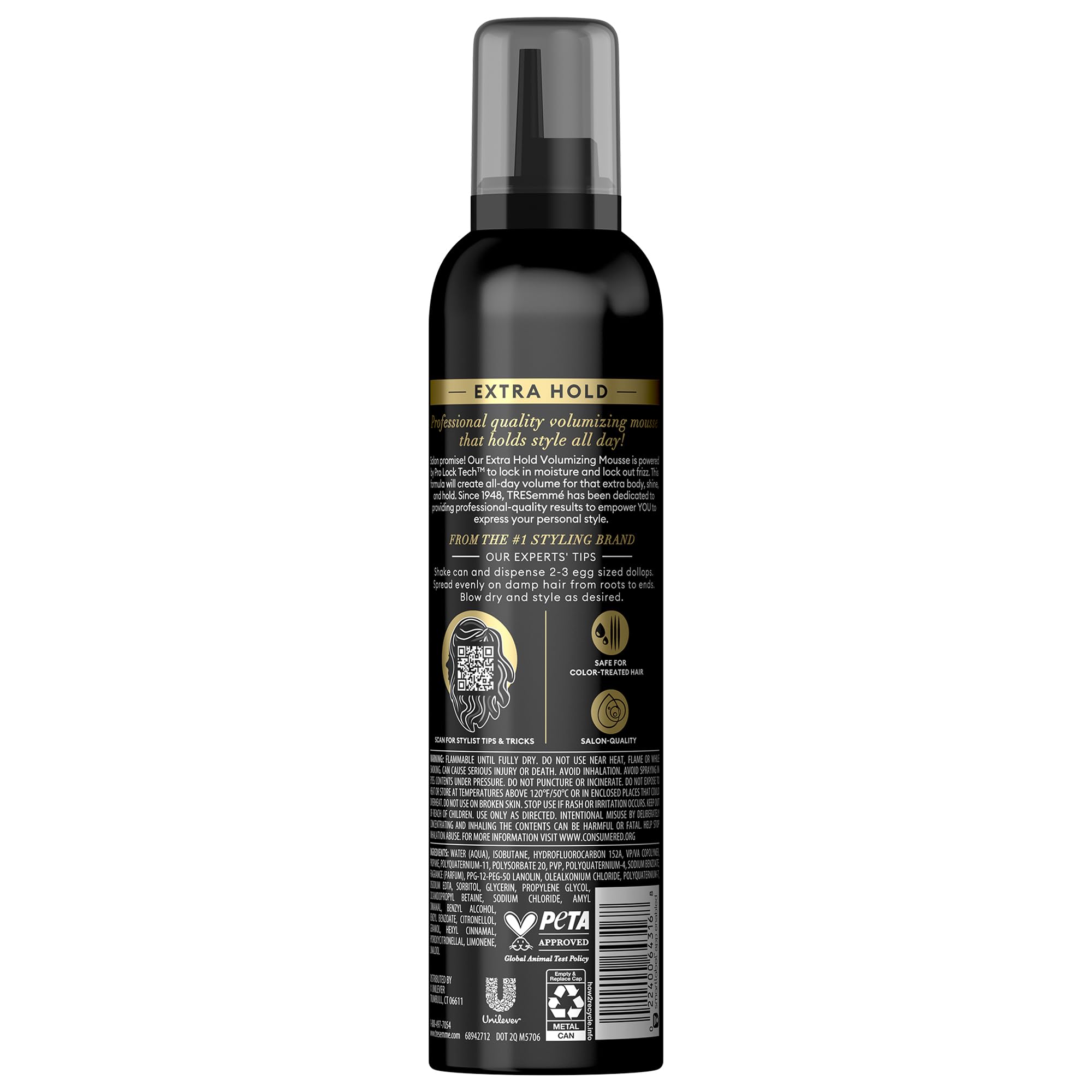 TRESemmé Shaping Mousse bottle side highlighting flexible hold and moisture.