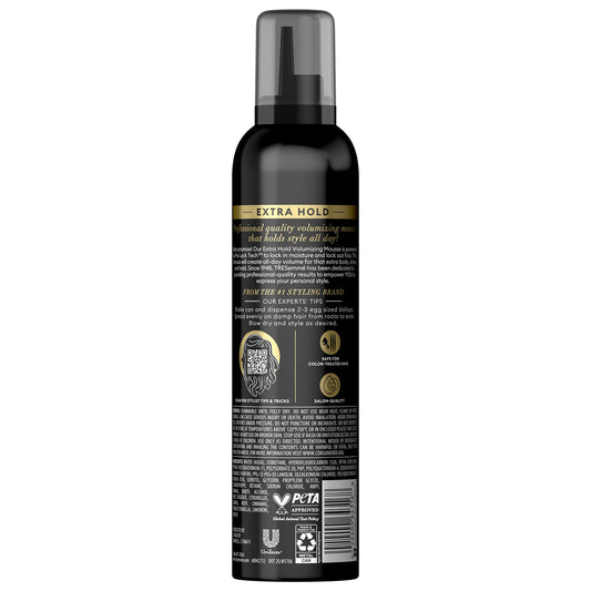 TRESemmé Shaping Mousse bottle side highlighting flexible hold and moisture.