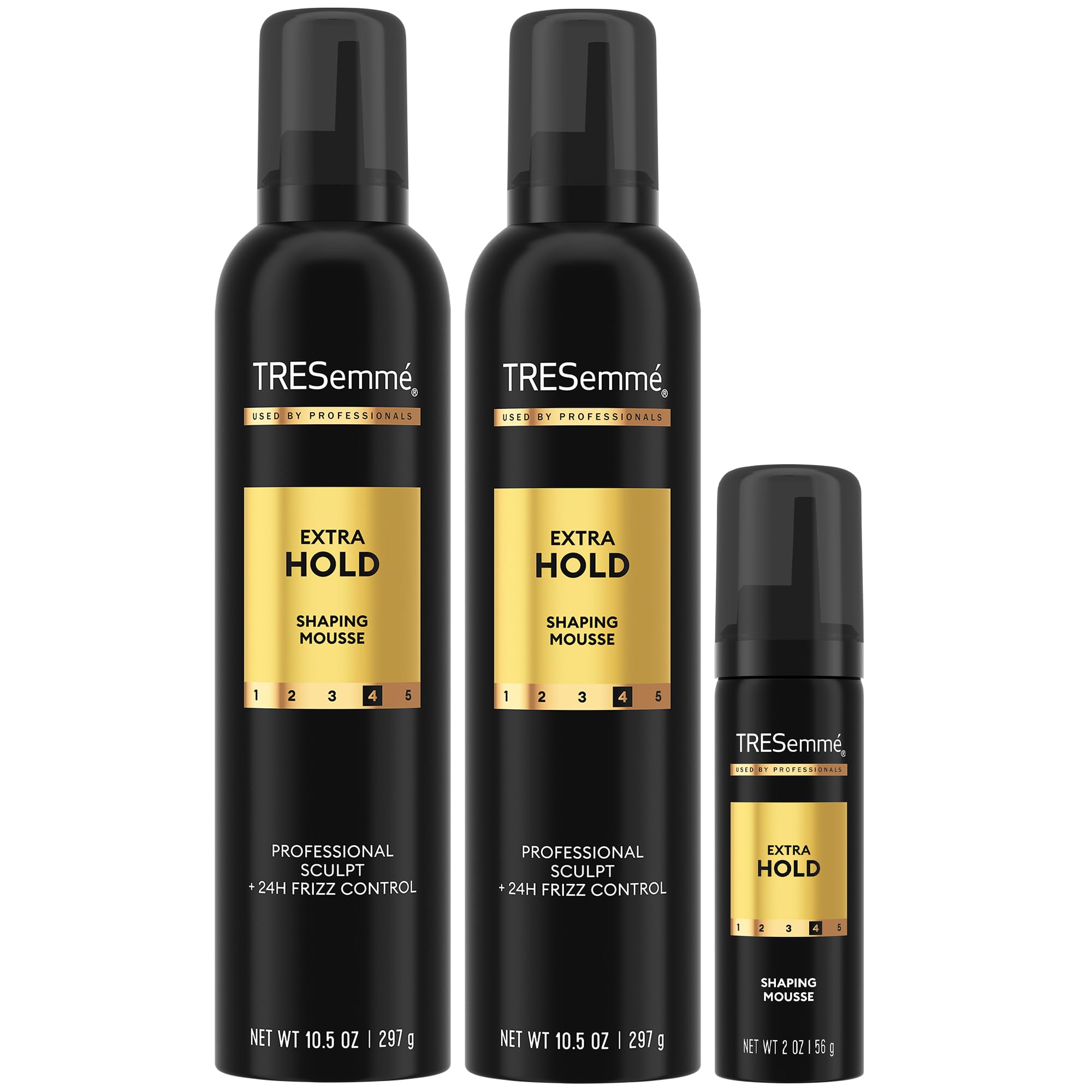 TRESemmé Shaping Mousse bottles on a bathroom shelf, all-day hold in view.