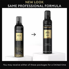 Travel-size TRESemmé mousse bottle on a bathroom counter for on-the-go styling.