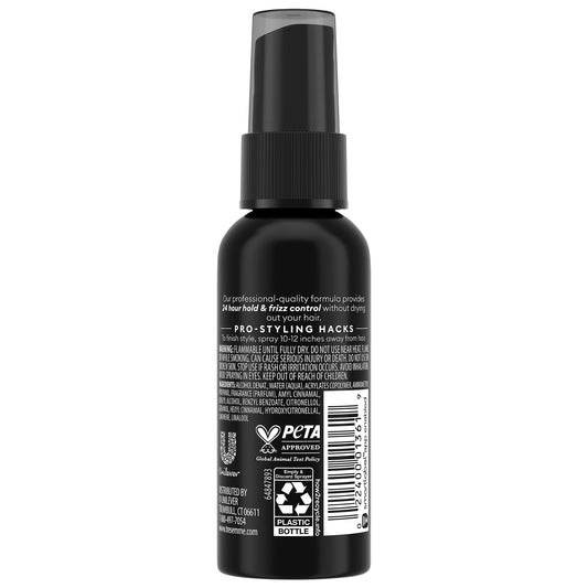 TRESemmé Travel Hairspray close-up bottle highlights non-aerosol design for travel.
