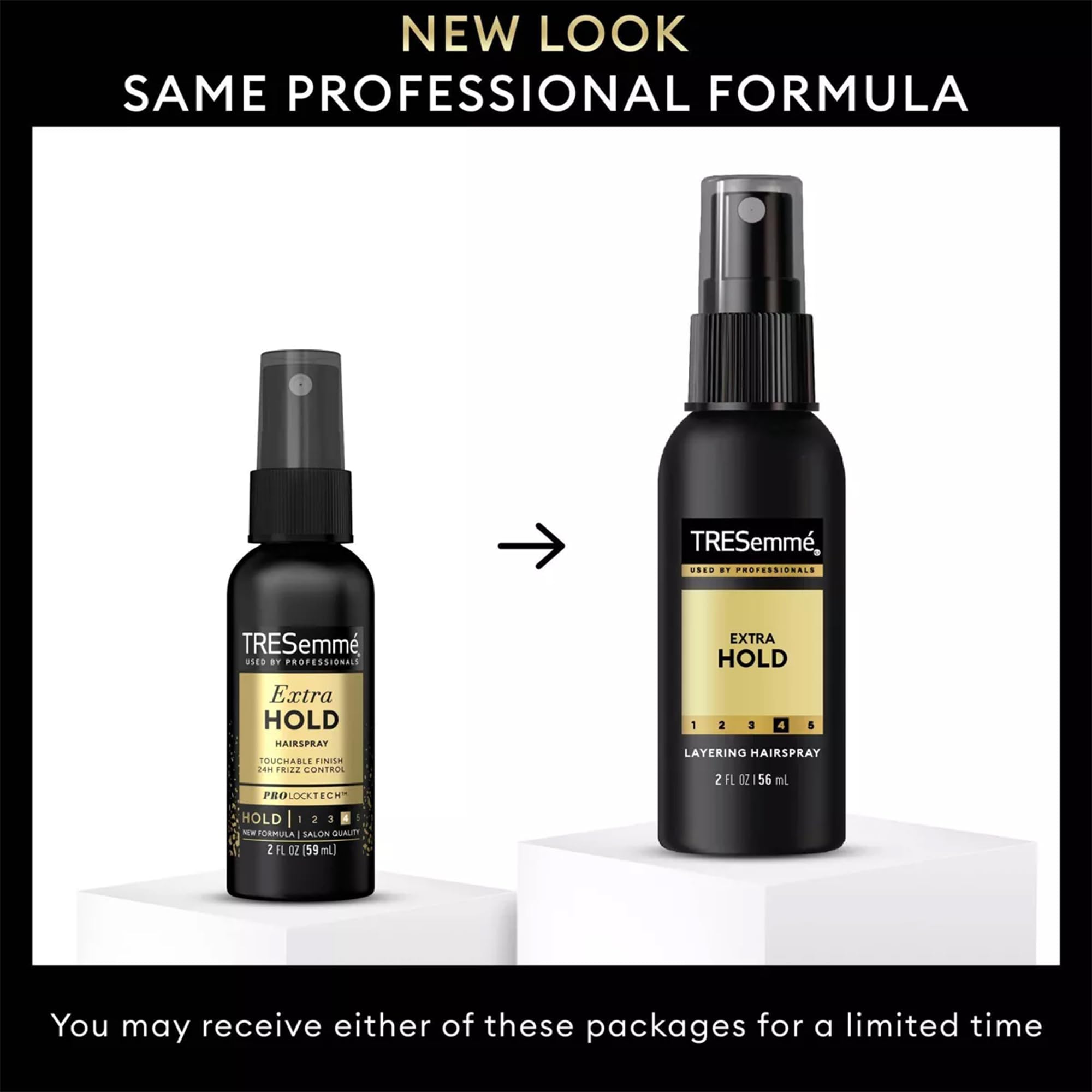 TRESemmé Travel Hairspray being held illustrates layered hold for defined styles.