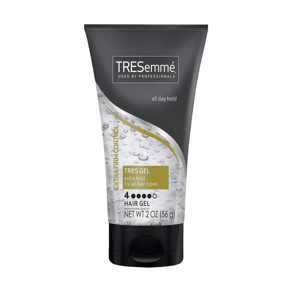 TRESemmé Tres Gel Extra Firm Control bottle for long-lasting hold and shine.