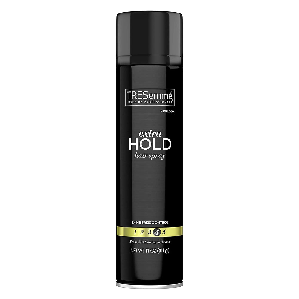 TRESemmé Tres Level Four Extra Hold Hair Spray bottle delivers long-lasting hold.