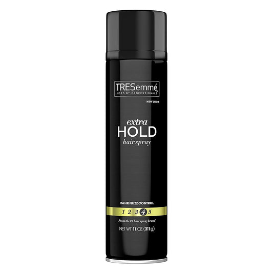 TRESemmé Tres Level Four Extra Hold Hair Spray bottle delivers long-lasting hold.