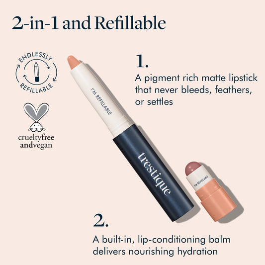 TRE'STIQUE matte lip-crayon texture demonstrates a comfortable, feather-free finish.
