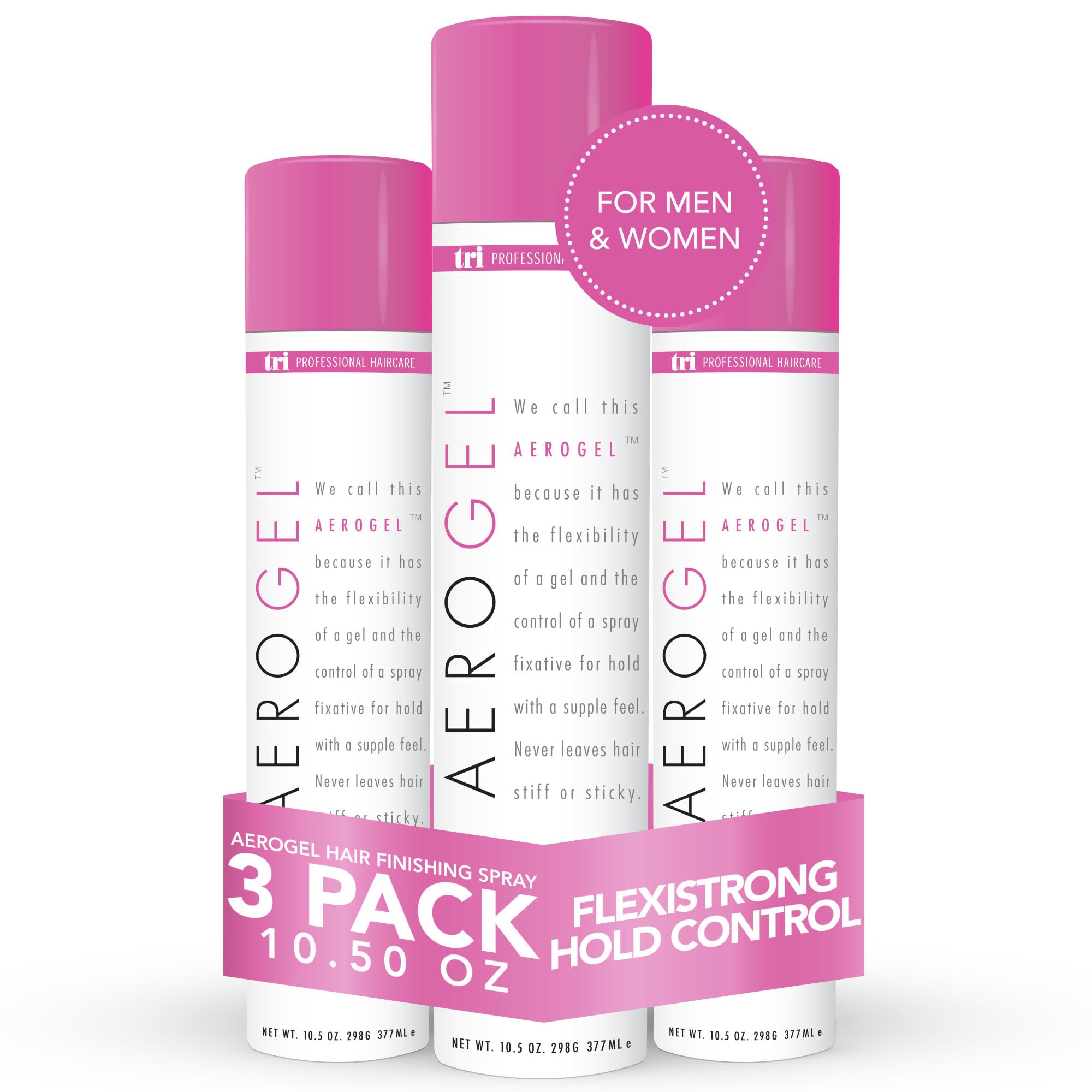 TRI Design Aerogel Hairspray bottle pour demonstrates quick, flexible hold.