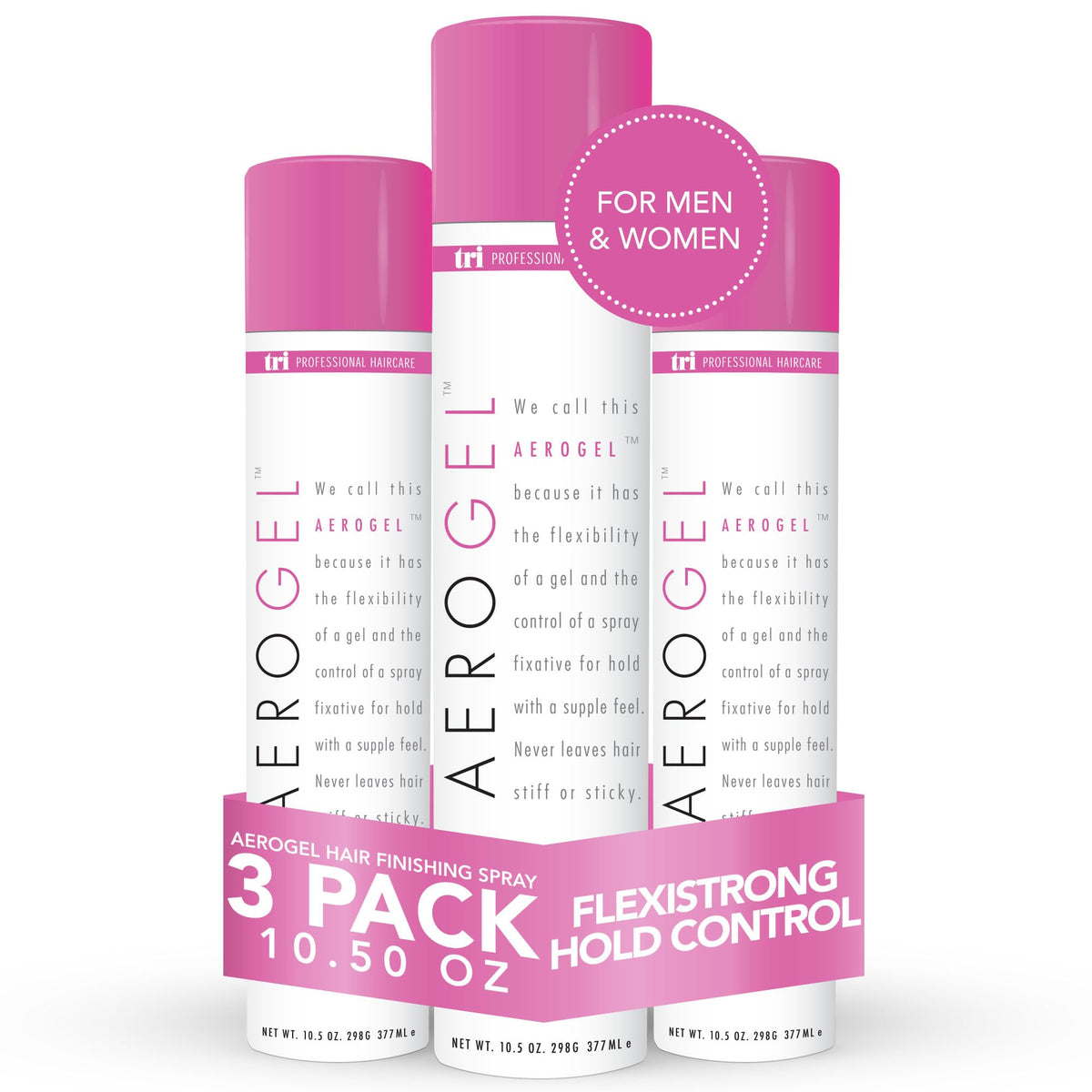 TRI Design Aerogel Hairspray bottle pour demonstrates quick, flexible hold.