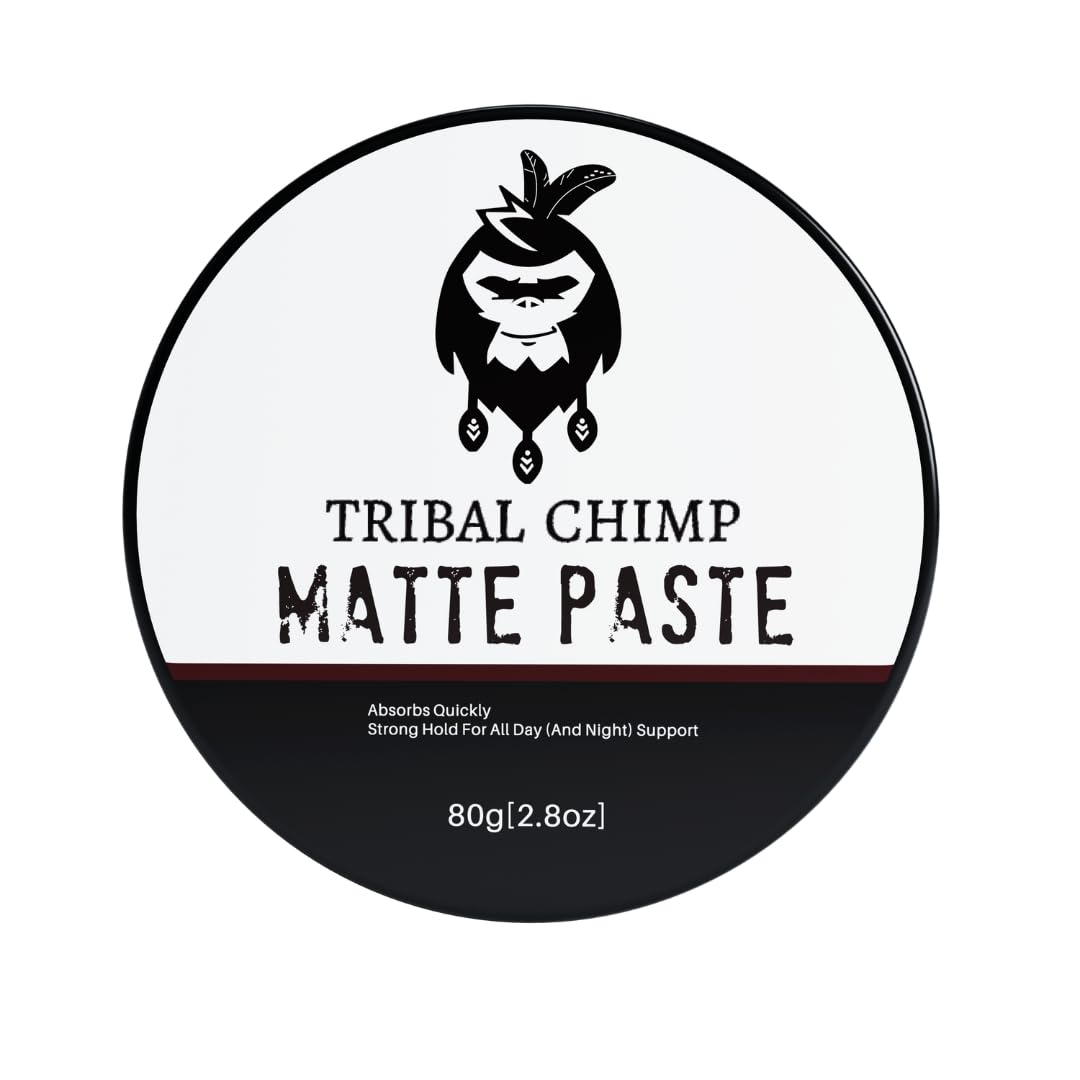 Tribal Chimp matte hair paste packaging shown for reference.