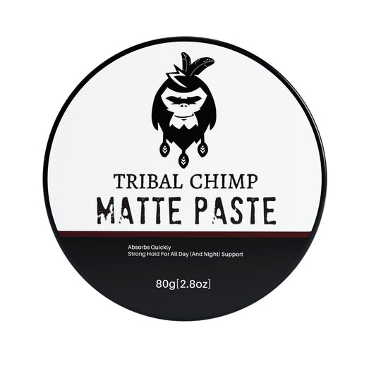 Tribal Chimp matte hair paste packaging shown for reference.